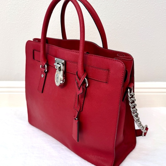 Michael Kors Hamilton Leather Tote Bag In Red | Editorialist MICHAEL KORS HAMILTON Large Red Saffiano Leather Bag with Silver Tone Hardware